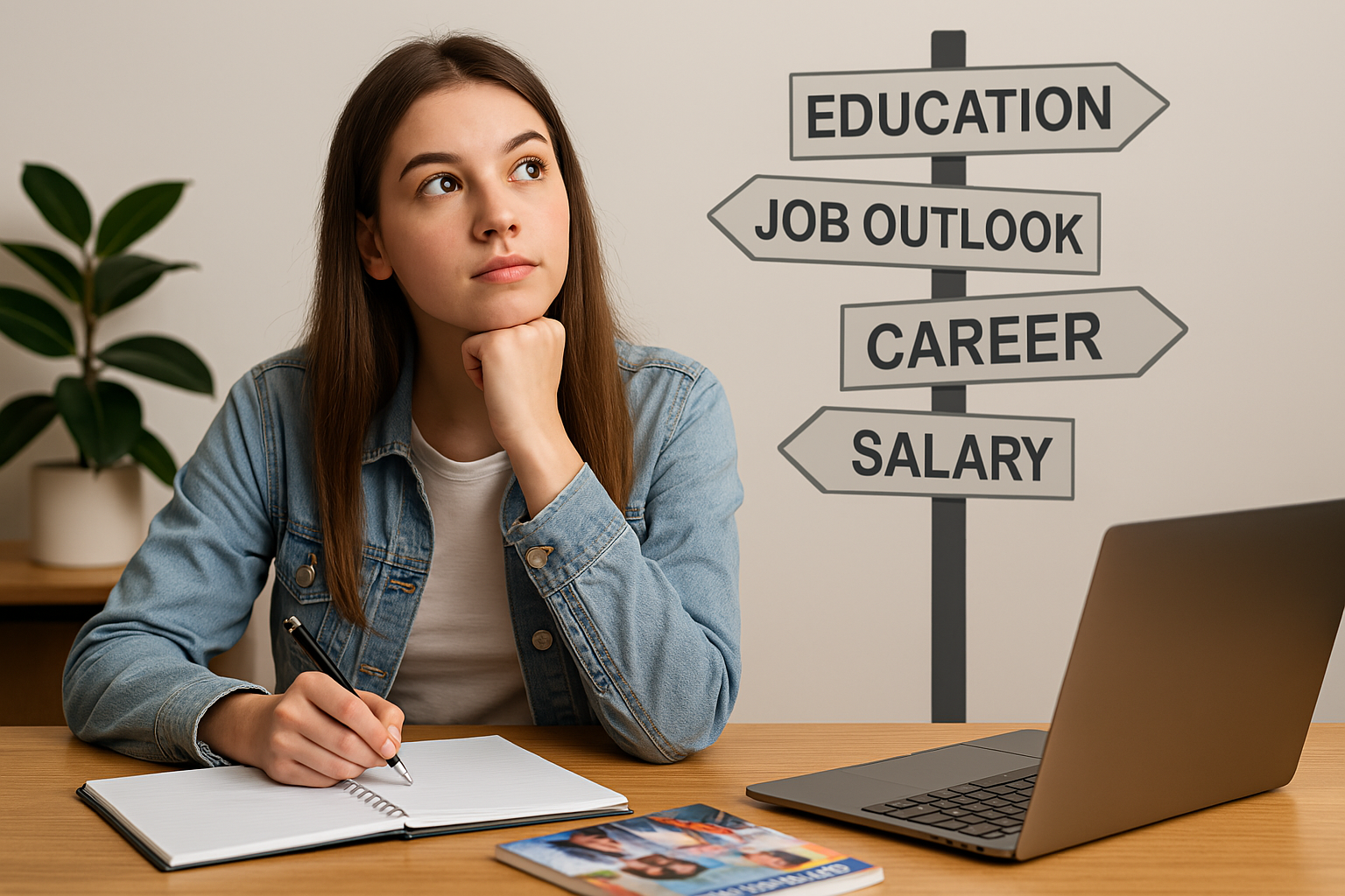 Girl sitting at computer dreaming about career options.