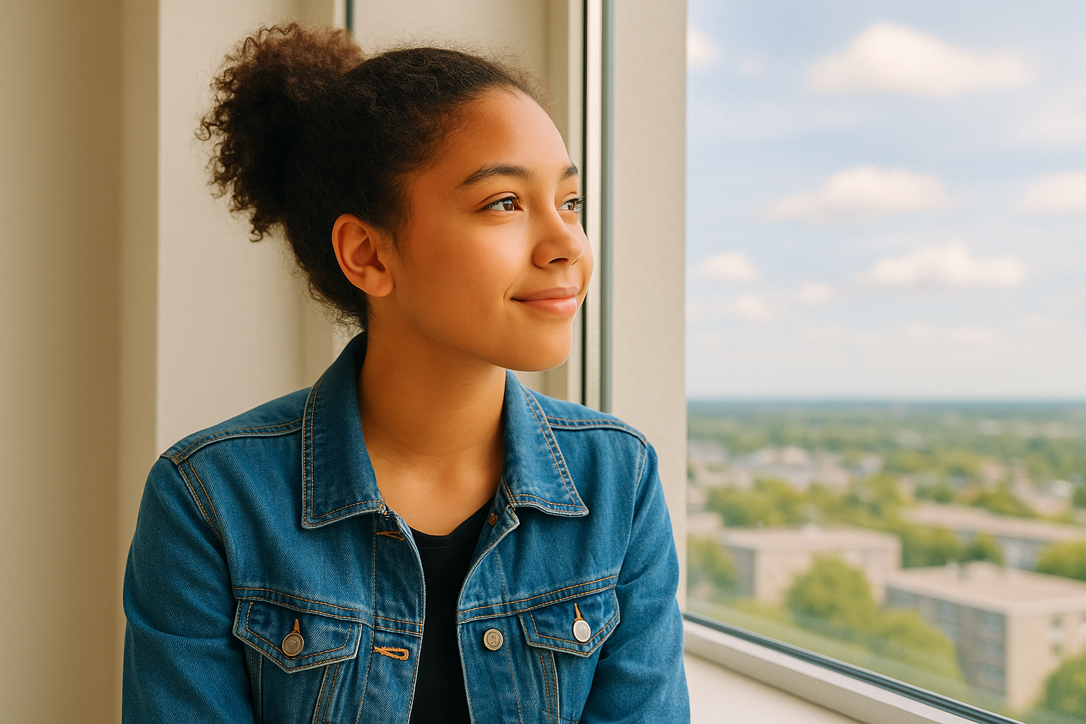 Teen girl looking out a window.
