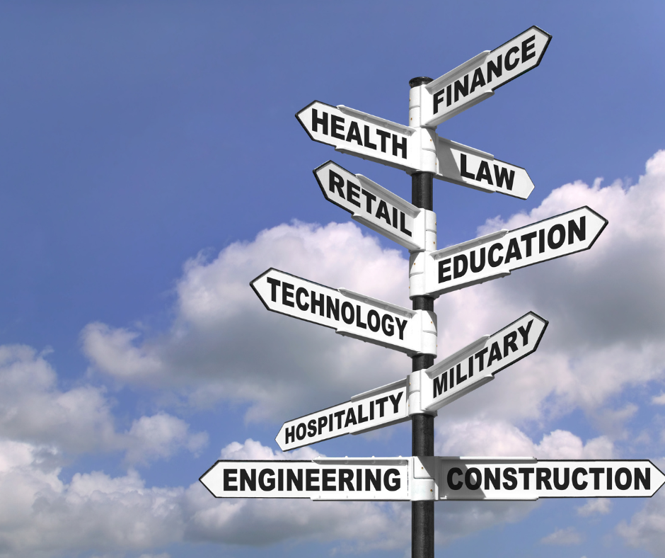 Sign post with many different career paths listed on it.