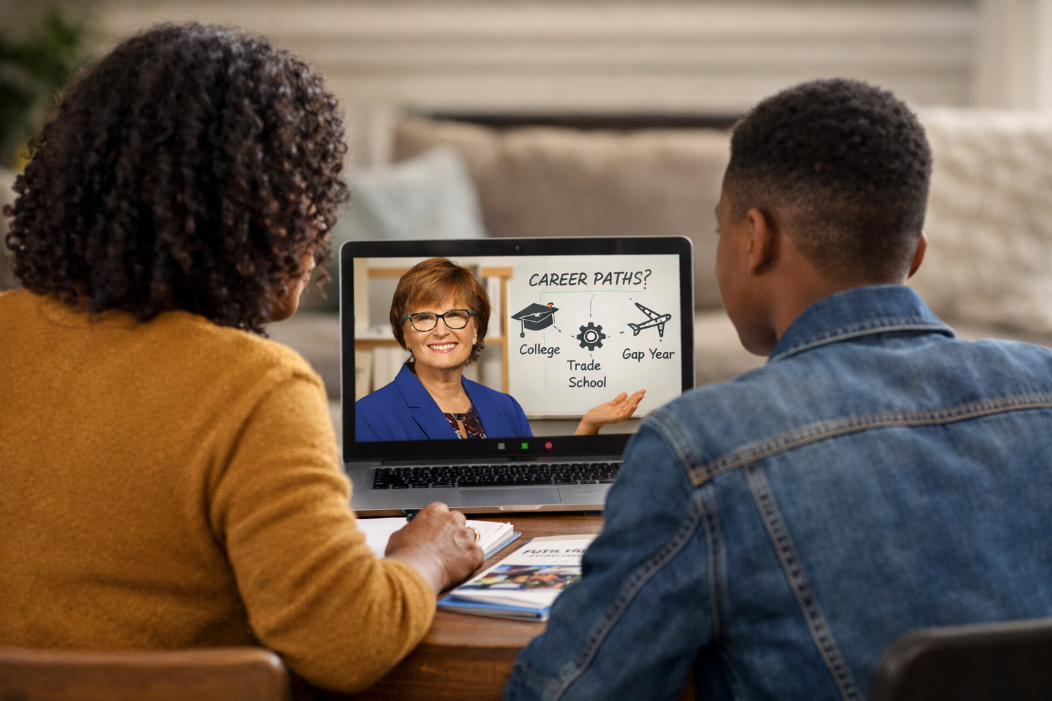 Parent and teen watch a virtual career coaching session on a laptop showing “Career Paths?” with options like college, trade school, and gap year.