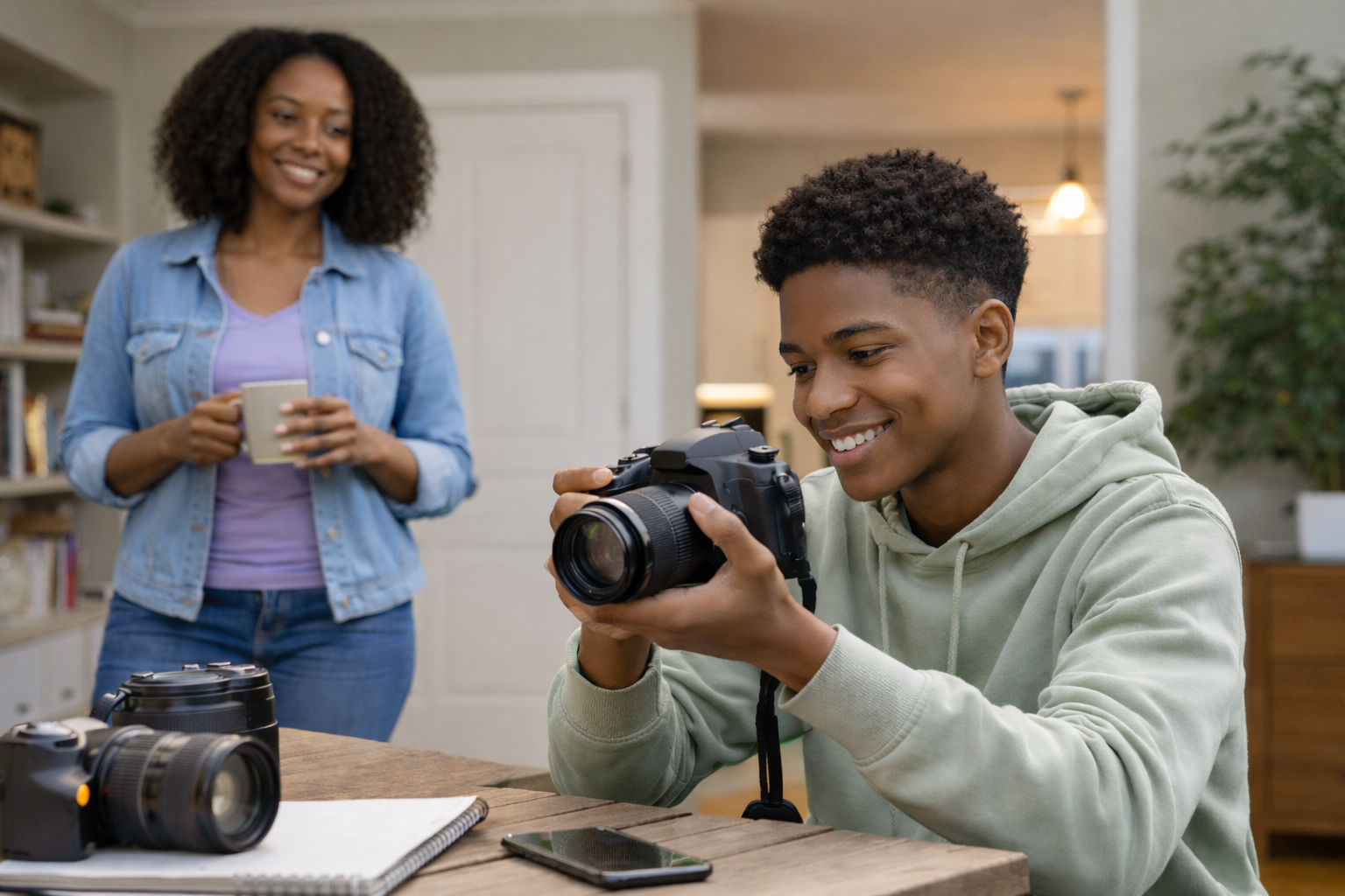 Teen boy practicing photography indoors while his mother watches proudly in the background