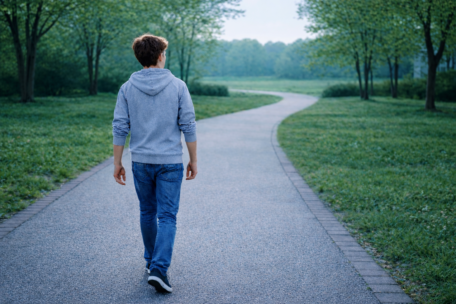 Teen walking down a paved path with open space ahead, symbolizing a first step toward future direction