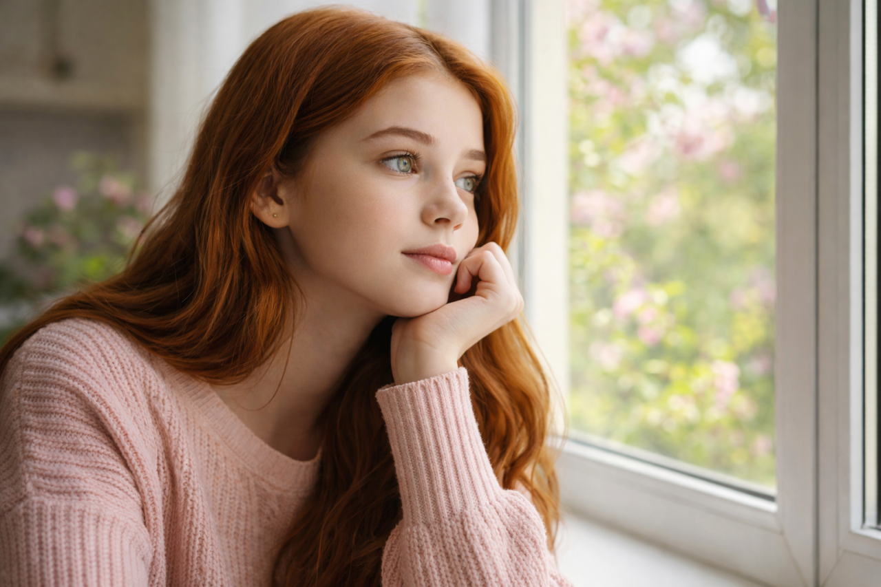teen girl looking out the window
