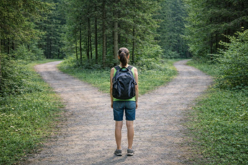 Teen looking at two paths in woods