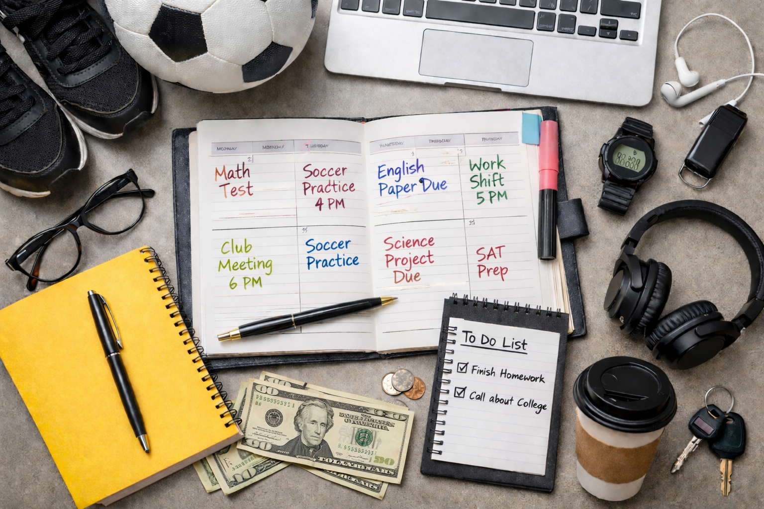 Teen planner, sports gear, school supplies, and work items showing how a packed schedule can crowd out future planning