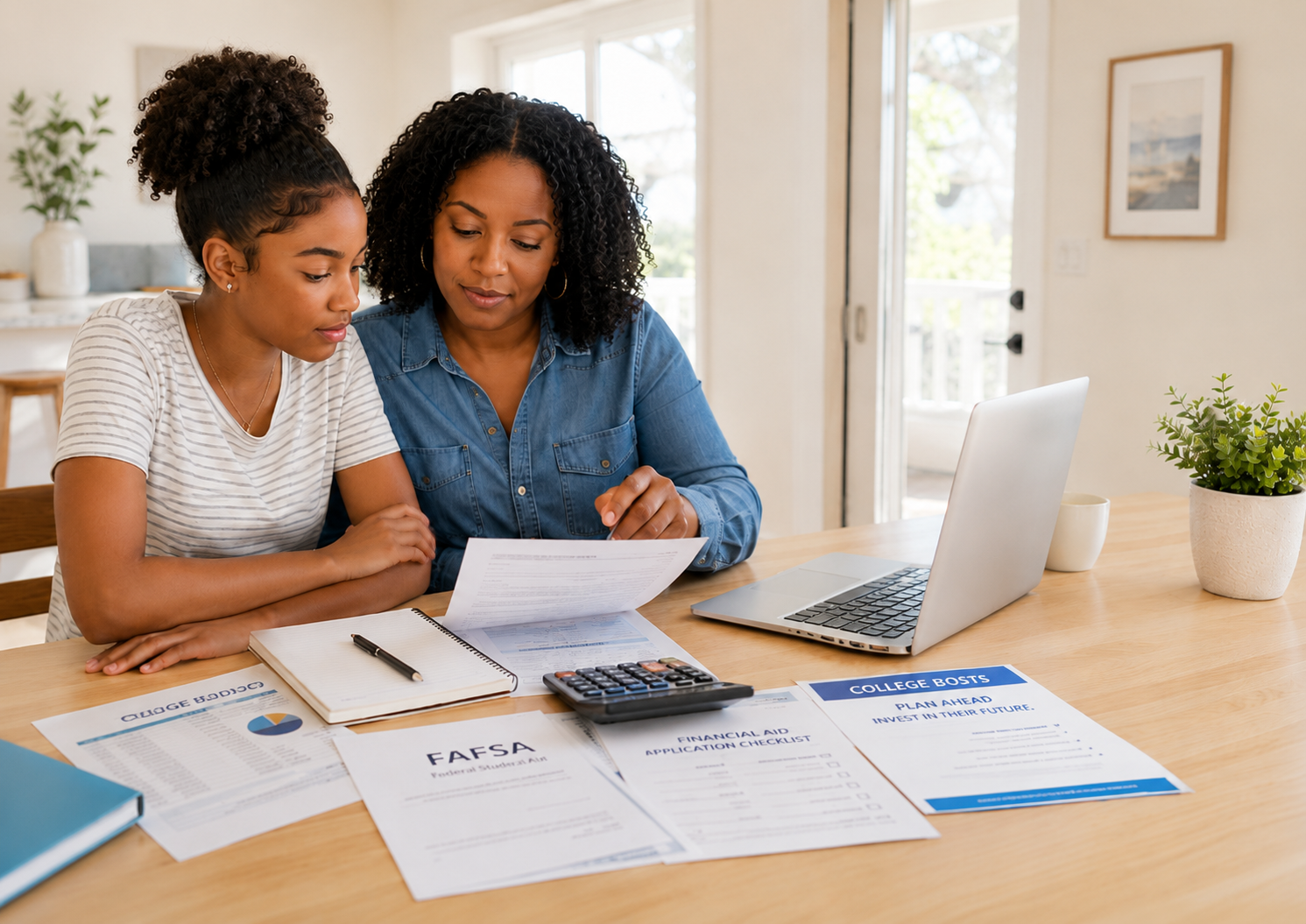 Parent and teen calmly review college cost, FAFSA, and financial aid documents together at a bright kitchen table.
