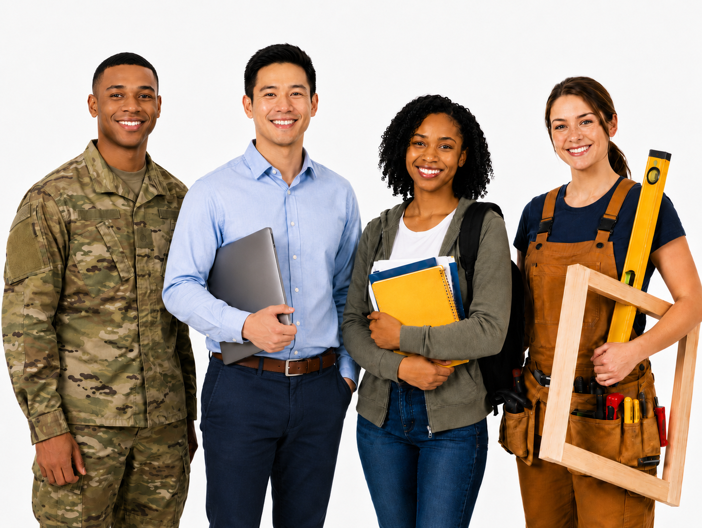 Diverse group of young adults representing different post-high school paths, including military service, technology, college, and skilled trades.
