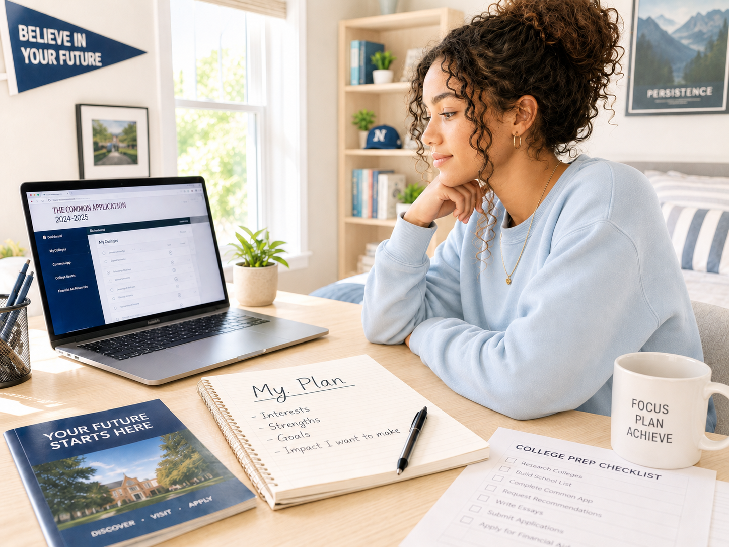 Rising high school senior reviews the Common App while outlining her interests, strengths, goals, and college plan before application season.