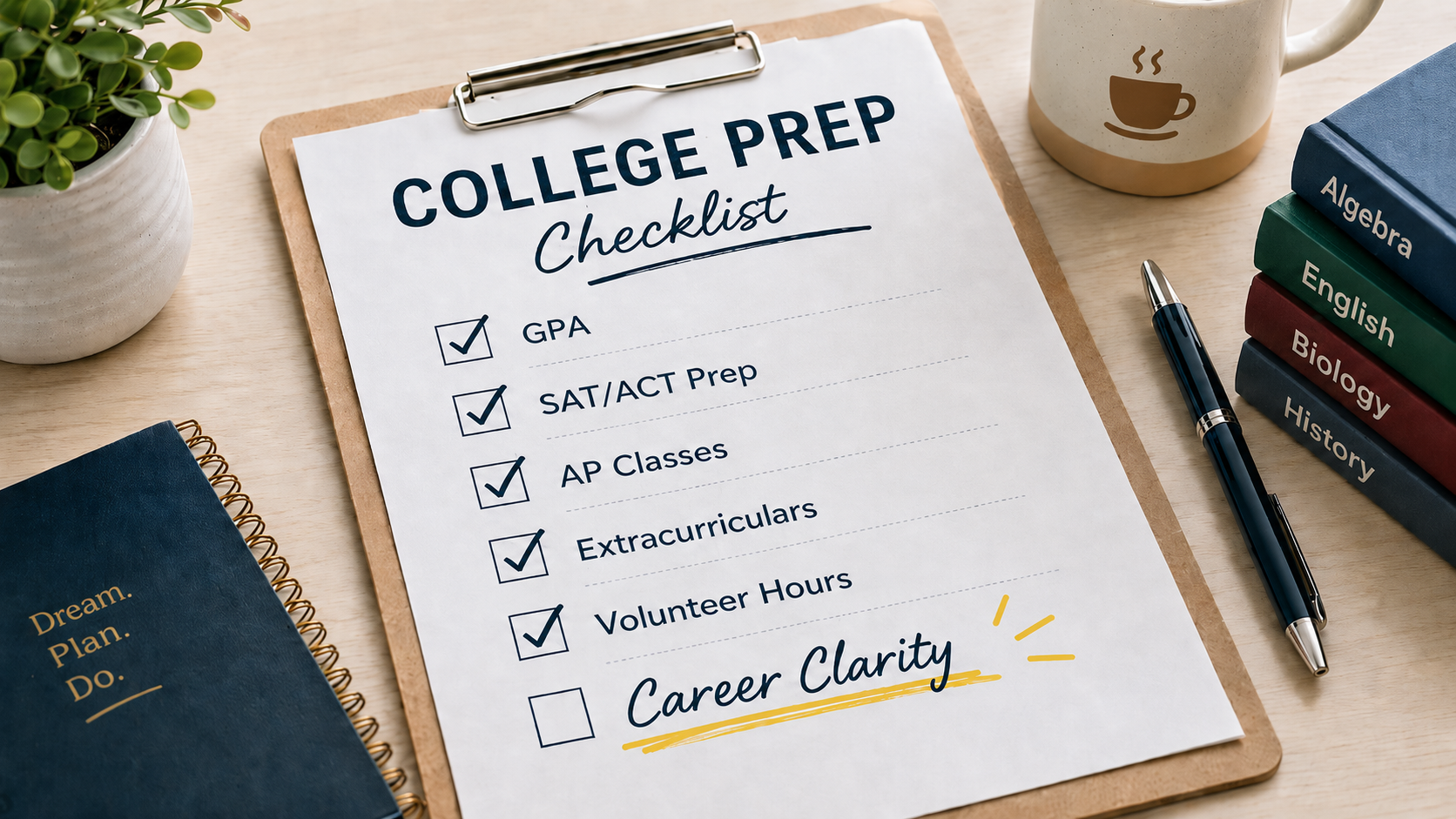 College prep checklist with GPA, SAT/ACT prep, AP classes, extracurriculars, and volunteer hours checked off, while career clarity remains unchecked.