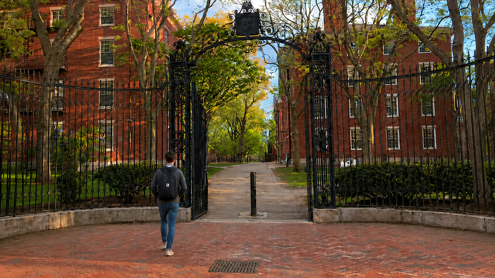 Student with a backpack walking through a gate at Harvard University between red brick campus buildings.