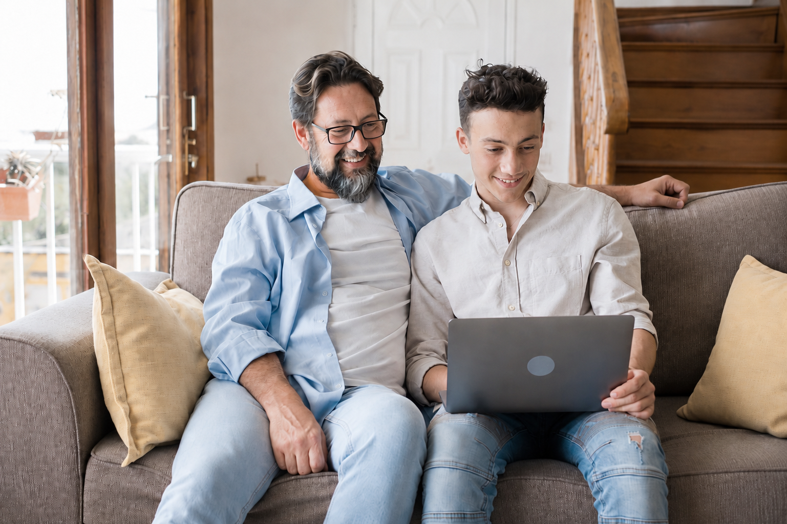 Father and teen son sitting together on a couch looking at a laptop while discussing college planning.