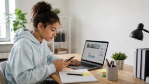 Teen girl in a light hoodie works at a desk with a laptop, phone, notebook, and planning materials, suggesting digital marketing research and content strategy.