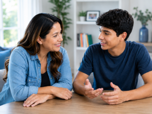 Mother listening as her teenage son talks about college and future plans at home.
