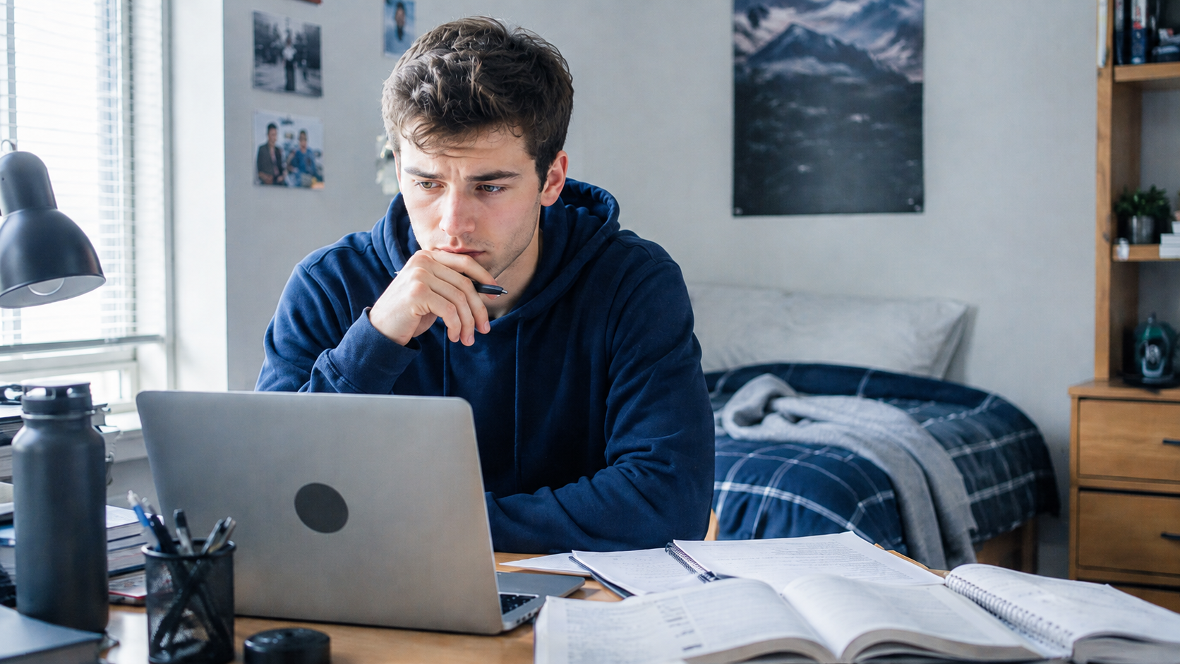 College student sitting at a desk in a dorm room, looking uncertain while reviewing coursework on a laptop and in open textbooks.