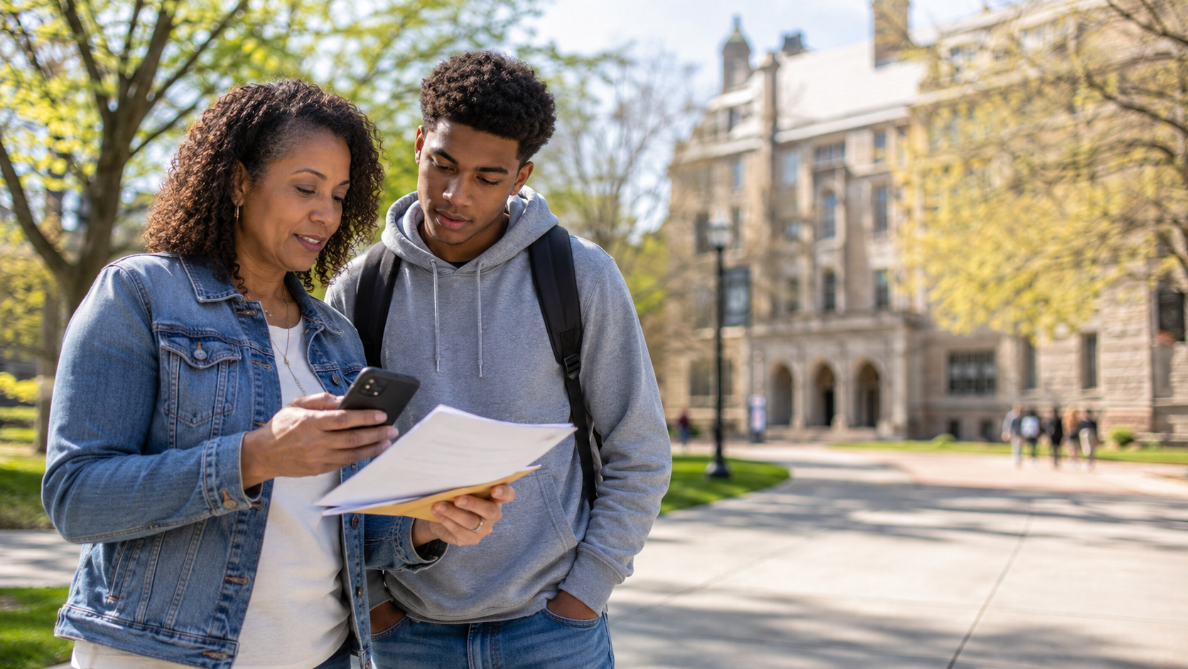A mother and her teenage son review college tuition information on a smartphone and paperwork while touring a university campus.